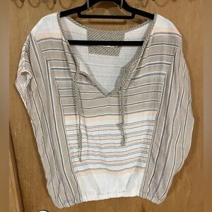 #160-PRANA-Mistico Top Tie Neck Striped Multi-Color Woven Organic Cotton